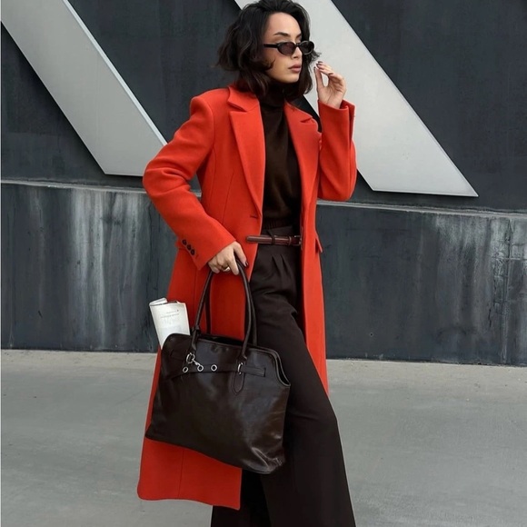 🆕 ZARA FITTED WOOL  Stylish Orange Long Coat - Picture 2 of 16